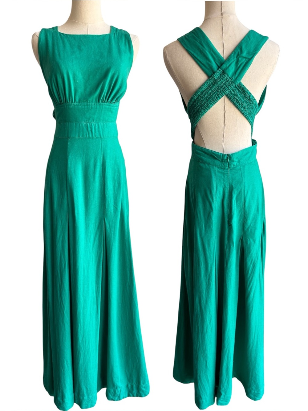 Rachel Zoe Linen Blend Maxi Dress Sz 6 Kelly Green Open Back Sundress High Neck